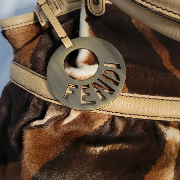 Fendi Vintage Rare Brown & Tan Pony fur Leather Hand Bag, Tiger Print - Picture 7 of 16